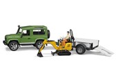 Speelgoedauto - Bruder Land Rover Defender met één as trailer, JCB micro graafmachine en werknemer - BR2593