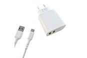 Mobiel - Adapters & Opladers - GEAR Charger 220V 2xUSB-A 3.4A White USB-C 2.0 Cable 1m - 665130