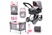 Pop, teddybeer en materiaal - Bayer Design Doll's Pram Mega Set - Pink / Grey - 18333AC