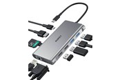 Docking station - Aukey Aluminum USB-C Hub | 10 in 1 | RJ45 Ethernet 10/100/1000Mbps | 4xUSB | HDMI 4k@30Hz | SD and microSD | USB-C Power Delivery 100W - CB-C89