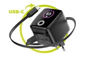 Mobiel - Adapters & Opladers - Mobile Origin 65W GaN Display Charger PW3 - USB-C Self-Retracting Cable + USB-C + USB-A - MO-65WDCH-PW3