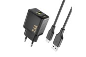 Mobiel - Adapters & Opladers - Dudao A23TEU 2.4A GaN USB-A wall charger with USB-A cable - USB-C - black - 6976625334018