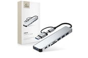 USB hub - Tech-Protect HB06 HUB Adapter 8in1 TYPE-C + USB2.0 + USB3.0 + SD/TF + AV3.5 - Grey USB hub - 8 - USB 2.0 - Grijs - 5906302360550