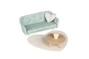 Pop, teddybeer en materiaal - Micki Lundby woonkamer set met mintgroene bank, tafel, hartvormig kussen, vloerkleed en plantenpot (Leeftijd 3+). - 18372