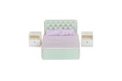 Pop, teddybeer en materiaal - Micki Lundby groen bed met hoofdbord, roze deken, 2 kussens, 2 nachtkastjes met lades - 18380