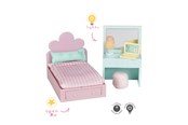 Pop, teddybeer en materiaal - Micki Lundby tienerkamer met roze bed, kaptafel, computer en poef. Lamp met licht; lade kan open. Gebruikt 1x CR2032-batterij (niet inbegrepen). 15-minuten automatische uitschakeling. - 18386