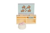 Pop, teddybeer en materiaal - Micki Lundby dressoir met tv, gameconsole & controller, poef. - 18397