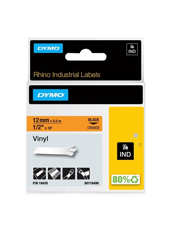 DYMO Rhino Industrial Vinyl Labels.12 mm x 5.5 m Roll Zwart Print on Oranje Self-Adhesive