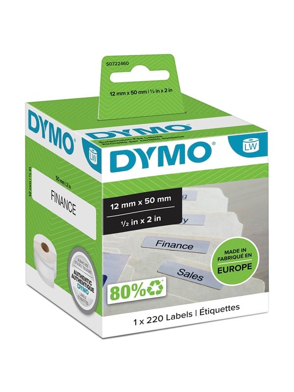 DYMO LW Ophangmap Labels 12mm x 50mm Rol van 220 Gemakkelijk te verwijderen zelfklevende labels voor LabelWriter labelmakers Authentiek