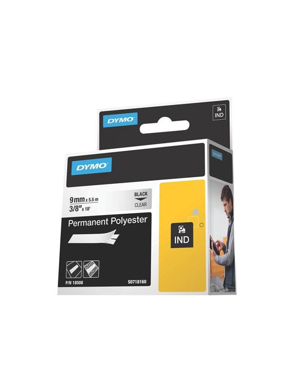 DYMO Rhino industriële labels | Permanent Polyester | 9 mm x 3,5 m | zwarte afdruk op transparant | zelfklevende labels voor Rhino & LabelManager labelprinters