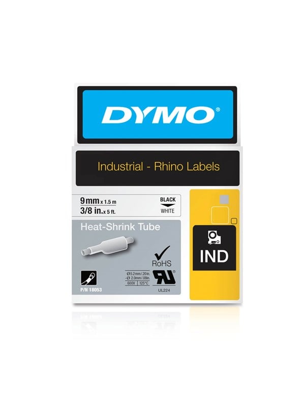 Etiketten DYMO IND RHINO 18053 Polyolefine Tapekleur: Wit Tekstkleur:Zwart 9 mm 1.5 m