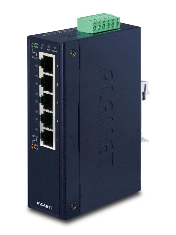 PLANET IGS-501T 5-Port 10/100/1000T Industrial Gigabit Ethernet Switch with Wide Operating Temperature