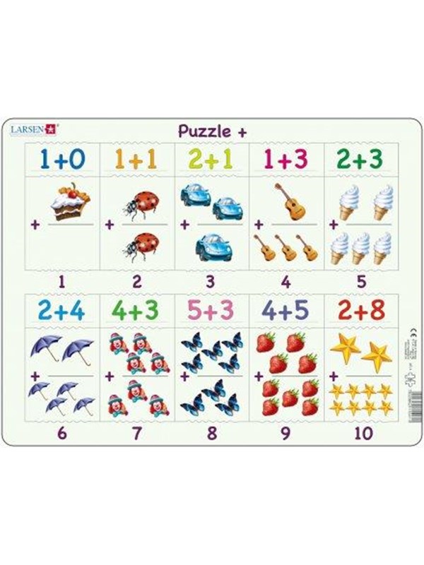 Larsen Optellen tot 10 met afbeeldingen – Puzzel – Leren rekenen – Optellen – Educatieve legpuzzel voor kinderen – 20 stukjes – Gemaakt in Noorwegen – Extra dikke 2,5 mm stukjes – Tray met vaste rand