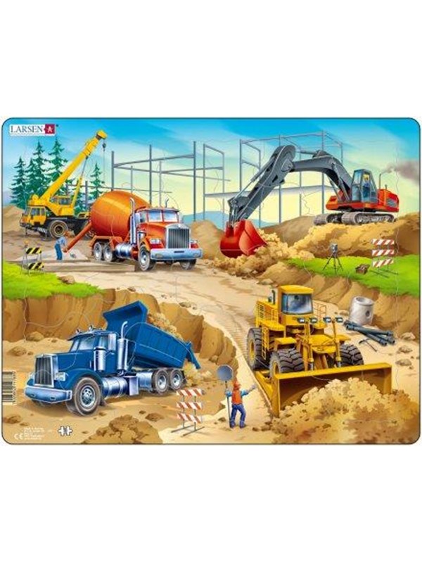 Larsen De bouwplaats – Puzzel – Voertuigen & Techniek – Bouwplaats – Educatieve legpuzzel voor kinderen – 30 stukjes – Gemaakt in Noorwegen – Extra dikke 2,5 mm stukjes – Tray met vaste rand