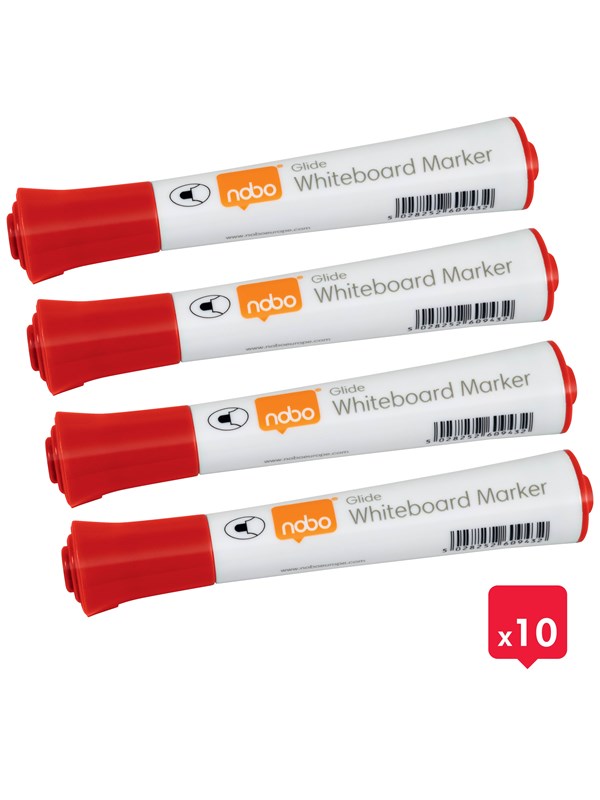 Nobo Glide Whiteboard Markers, Ronde punt, Pak van 10 stuks Rood