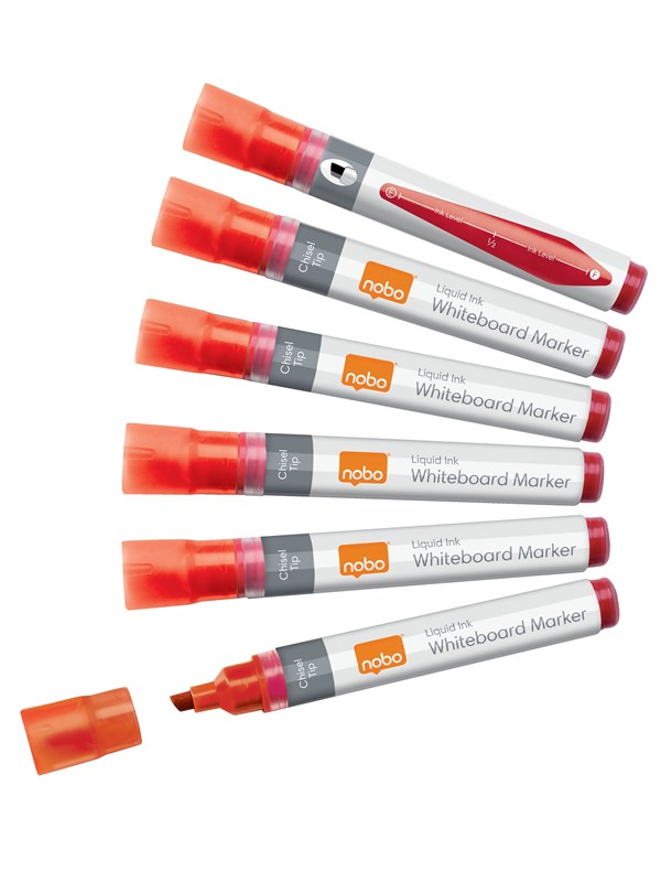 Nobo Vloeibare Inkt Whiteboard Markers, Beitelvormige punt, Pak van 10 stuks Rood