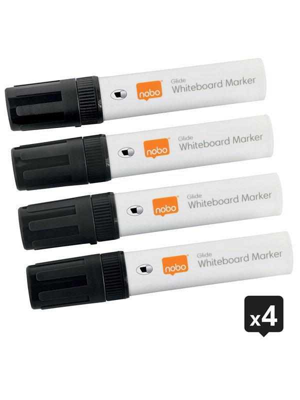 Nobo Glide Whiteboard Markers, Grote beitelvormige punt, Pak van 4 stuks Zwart