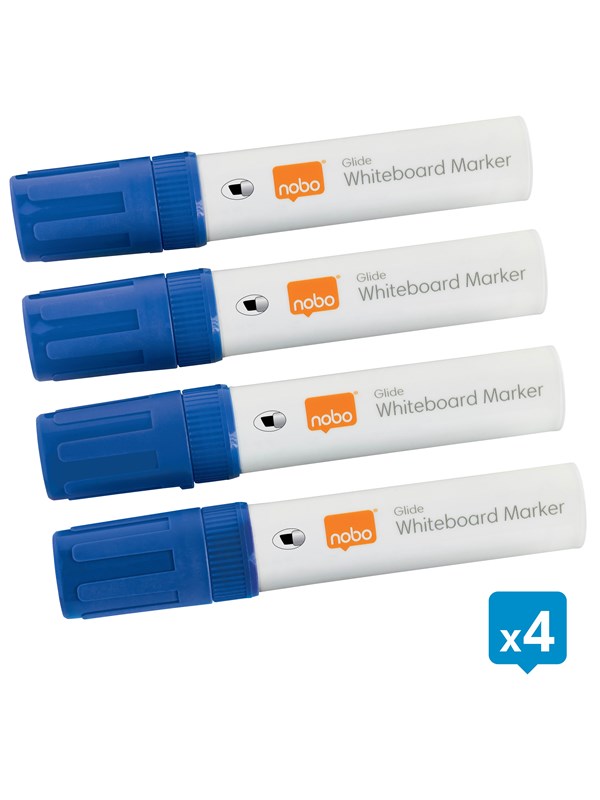Nobo Glide Whiteboard Markers, Grote beitelvormige punt, Pak van 4 stuks Blauw