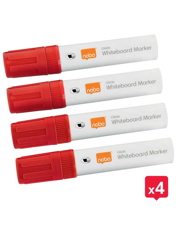 Nobo Glide Whiteboard Markers, Grote beitelvormige punt, Pak van 4 stuks Rood