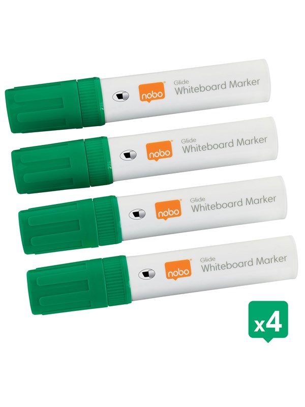 Nobo Glide Whiteboard Markers, Grote beitelvormige punt, Pak van 4 stuks Groen