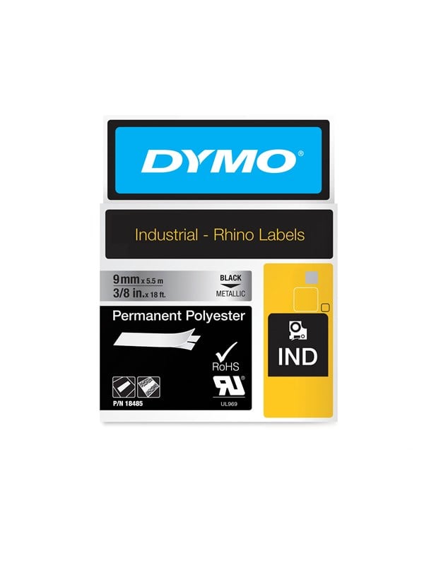 DYMO Rhino Industrial Labels Permanent Polyester 9mm x 5.5m - Zwart on Metallic