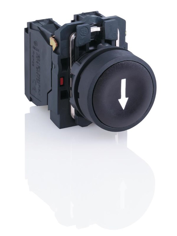 Schneider Electric Harmony push button complete with spring return and flat touch surface in black with white arrow 1XNO XB5AA3351