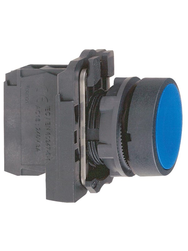 Schneider Electric Harmony push button complete with spring return and flat touch Oppervlak in Blauw Kleur 1xno xb5aa61