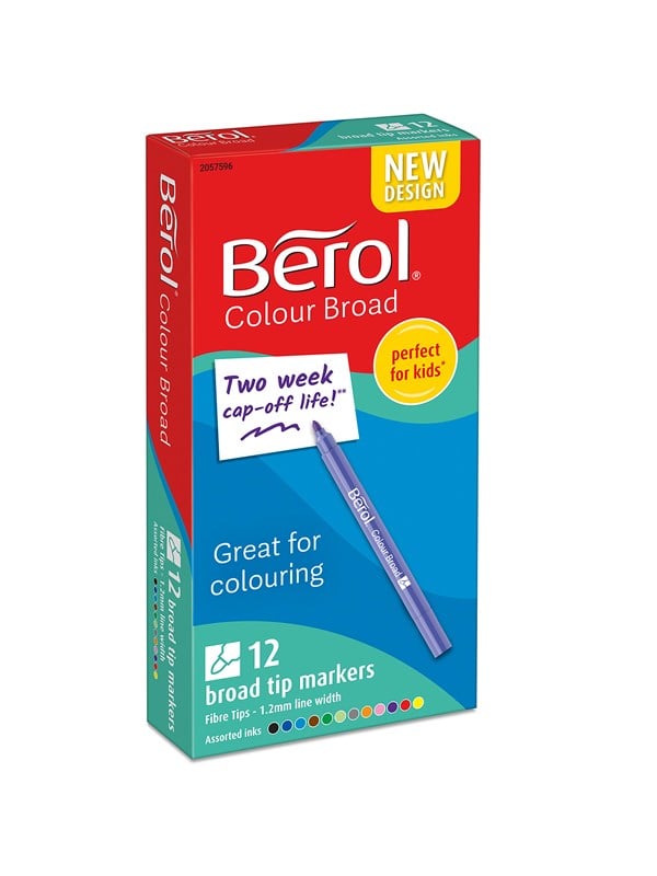 Berol Viltstift Kleurmarkers Brede Punt (1,2 mm) Uitwasbaar Assortiment Kleuren 12 Stuks