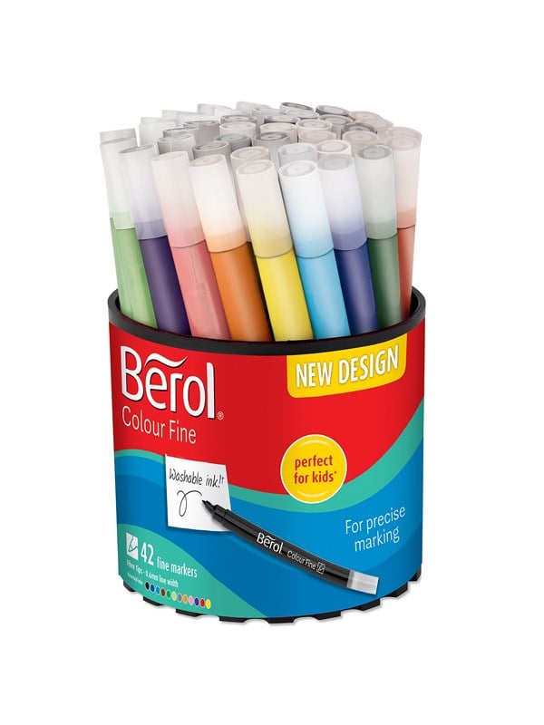 Berol Felt Tip Colouring Markers Fine Point (0.6mm) Assorted Colours Tub of 42