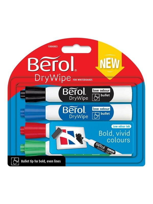 Berol Whiteboardmarker met ronde punt van 2mm in een blisterverpakking van 4 verschillende kleuren