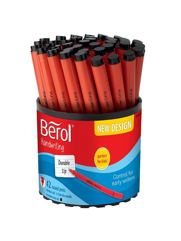 Berol Handwriting Pens Round Shape Washable Zwart Inkt Bright Barrels Tub of 42