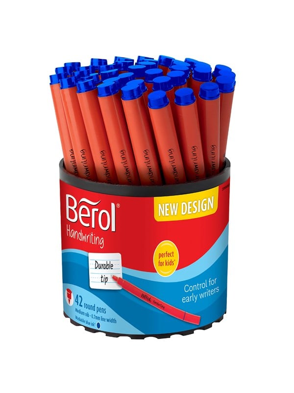 Berol Handwriting Pens Round Shape Washable Blauw Inkt Bright Barrels Tub of 42