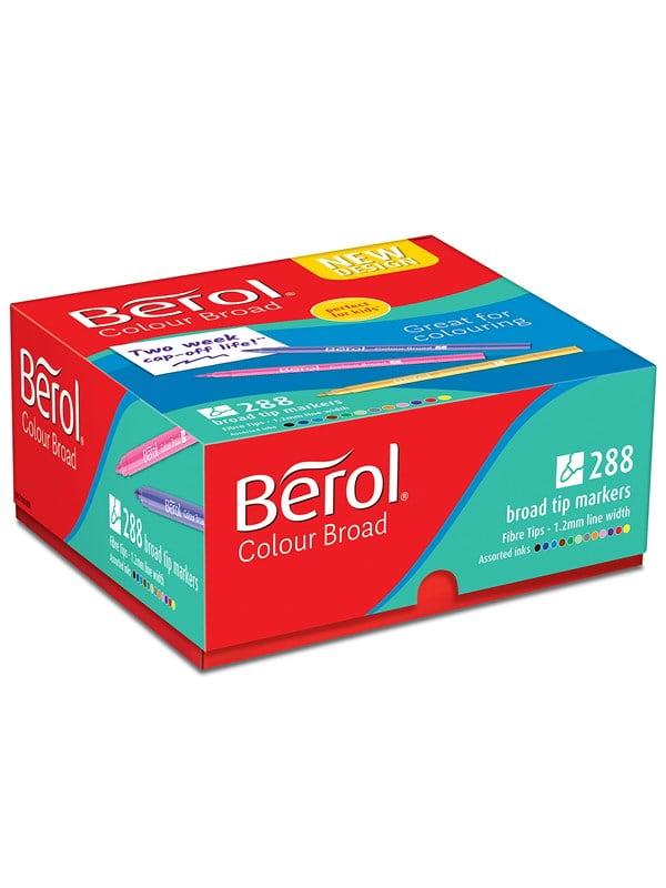 Berol Viltstift Kleurmarkers Brede Punt (1,2 mm) Uitwasbaar Assortiment Kleuren Klassenpakket van 288