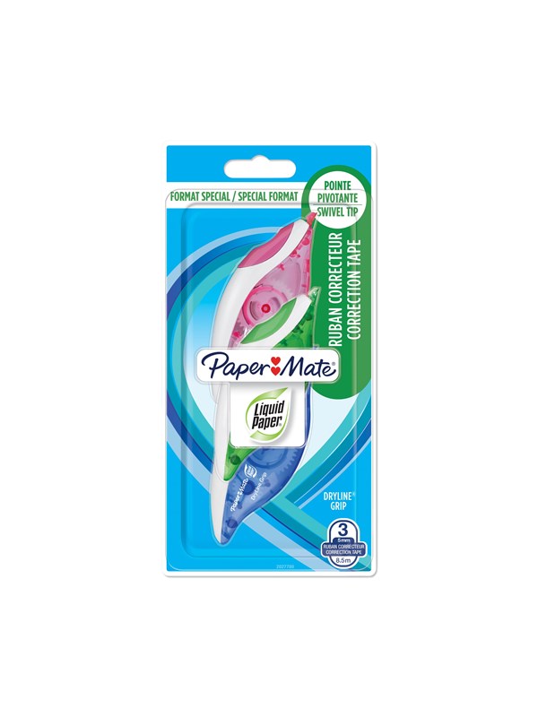 Paper Mate Papier Mate Liquid Papier DryLine Grip Correctietape Assorted Colours Pack of 2+1