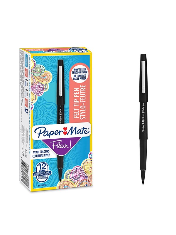 Paper Mate Flair Felt Tip Pens | Medium Point (0.7mm) | Black | 12 Count