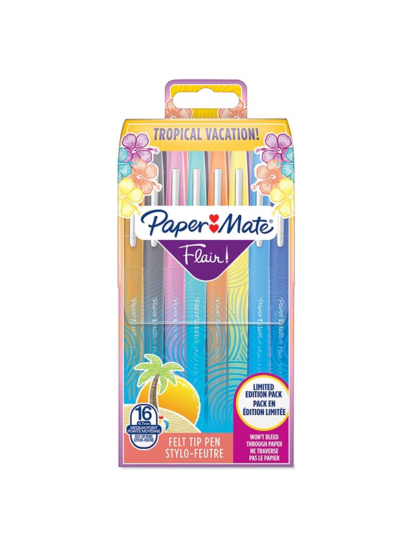 Paper Mate Flair-viltstiften | Medium punt (0,7 mm) | Diverse tropische-vakantiekleuren | Etui met 16 stuks