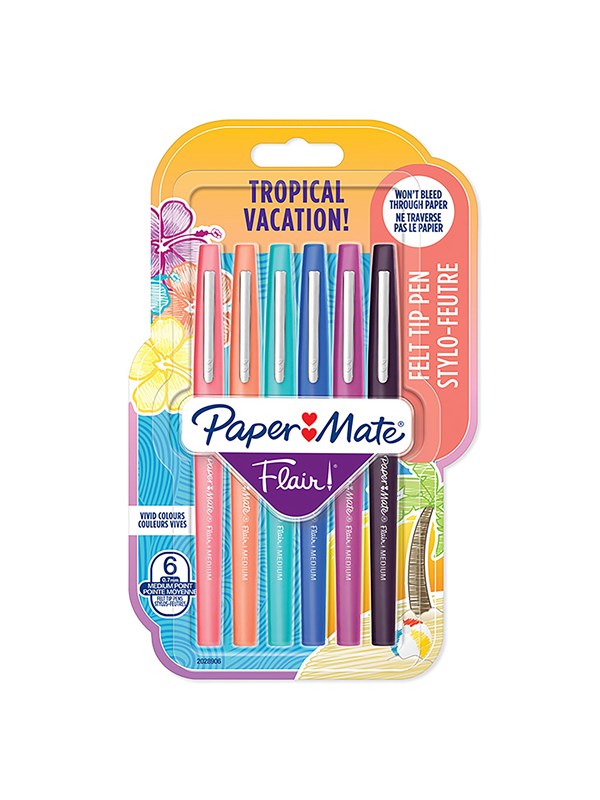 Paper Mate Flair-viltstiften | Medium punt (0,7 mm) | Diverse tropische-vakantiekleuren | 6 stuks