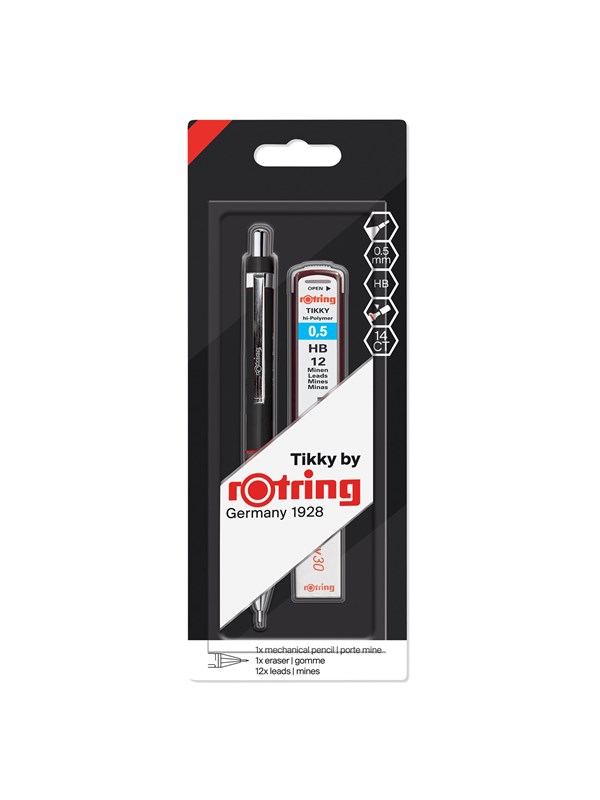 rOtring set Tikky-vulpotloden met kleurcodering | 0,5 mm | Met 12 navullingen en een gum