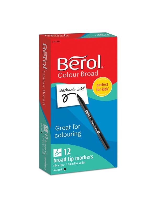 Berol Felt Tip Colouring Markers Broad Point (1.2mm) Washable Zwart 12 Count