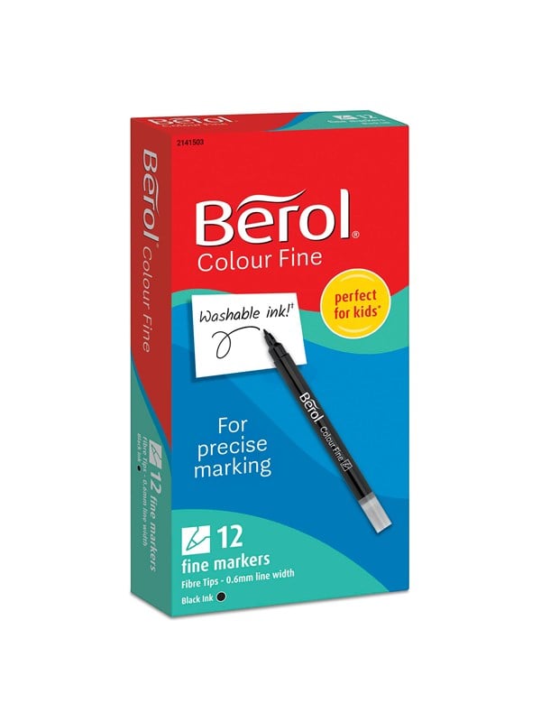 Berol Felt Tip Colouring Markers Fine Point (0.6mm) Washable Zwart 12 Count