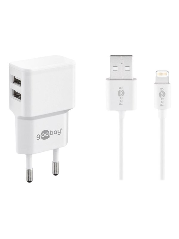 Nedis Goobay USB-A thuislader met 2 poorten en losse 8-pins Lightning - USB kabel - 2,4A / wit - 1 meter