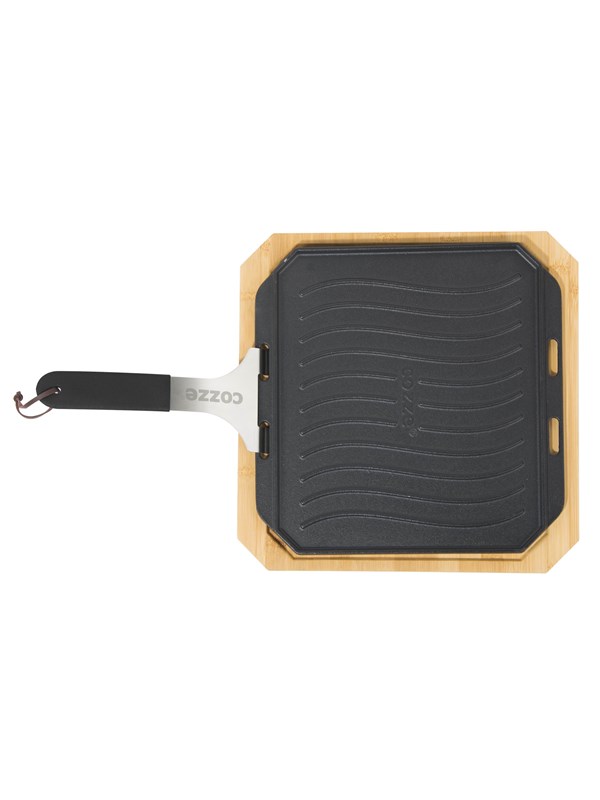 Cozze® Omkeerbare gietijzeren pan met bamboe dienblad 330x330 mm.