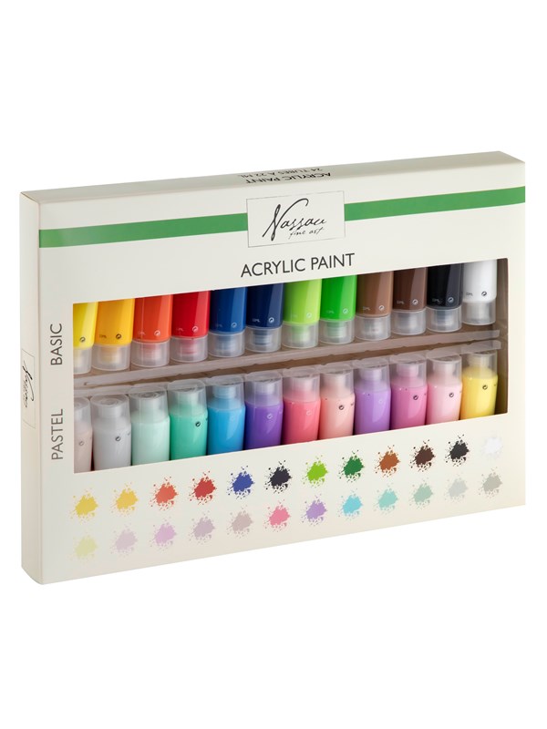 Nassau Fine Art Acrylverf set 24pcs - 22ML Verftubes - 12 pastel kleuren & 12 basis kleuren - hobbyverf