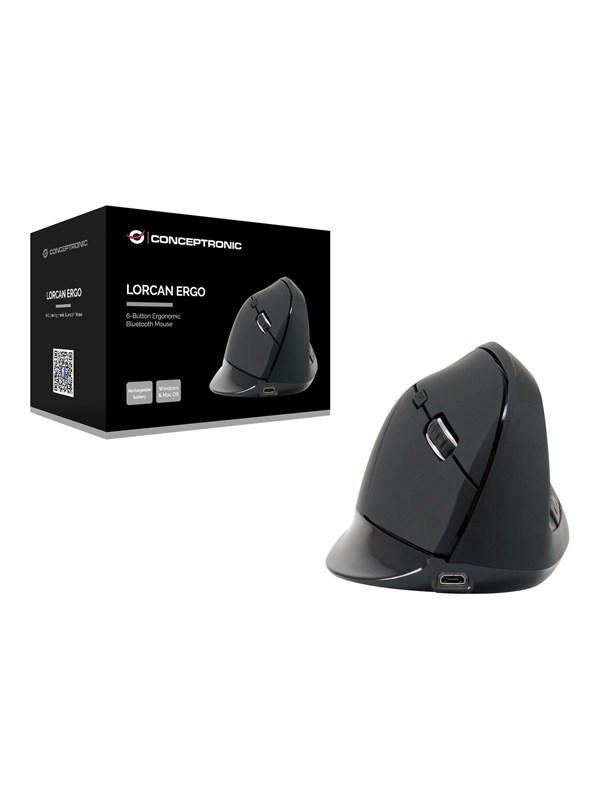Conceptronic LORCAN03B ERGO - Verticaal Muis - Bluetooth 5.2 - Zwart - Vertical mouse - Optisch - 6 knoppen - Zwart