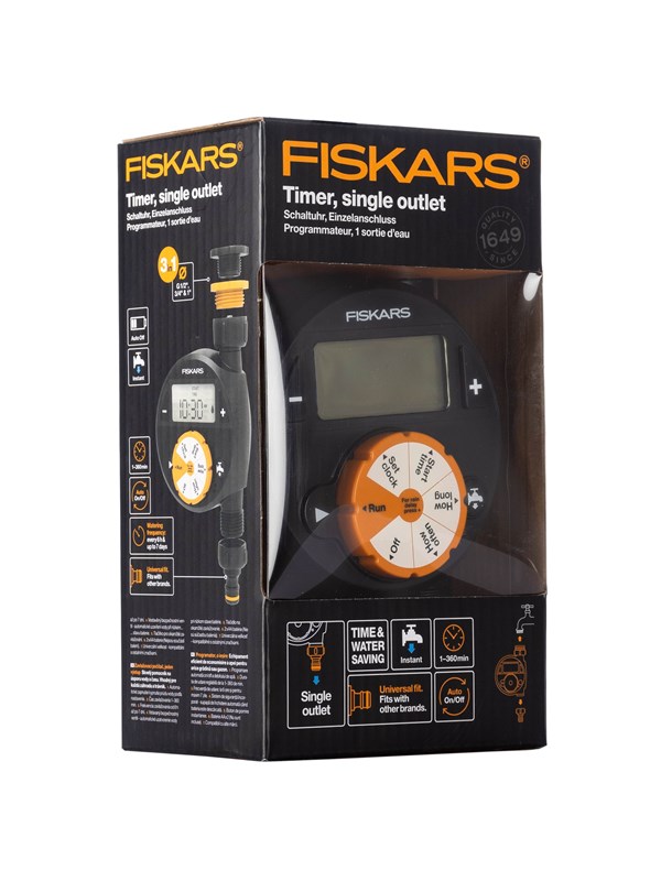 Fiskars Timer met 1 uitgang, voor alle standaard kranen, makkelijk afleesbaar LCD-display, universele maat, 380 g, zwart/oranje, 1054791