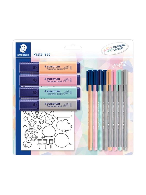 Staedtler Pastel set with 4 textsurfer classic 4 Triplus fineliners 4 Triplus Kleur markers and Stickers for coloring