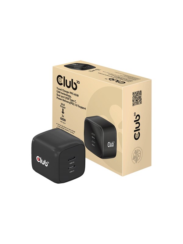 Club 3D CAC-1909 Stroom AV / multimedia paneel - PPS and GaN Technologie - 2 x USB-C - 45 Watt