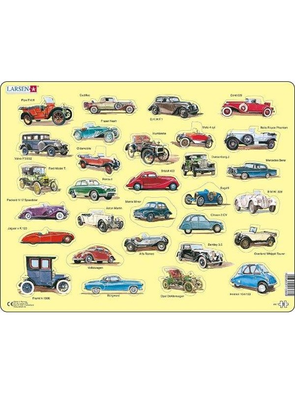 Larsen Oldtimer auto's – Puzzel – Voertuigen & Techniek – Oldtimers – Educatieve legpuzzel voor kinderen – 30 stukjes – Gemaakt in Noorwegen – Extra dikke 2,5 mm stukjes – Tray met vaste rand