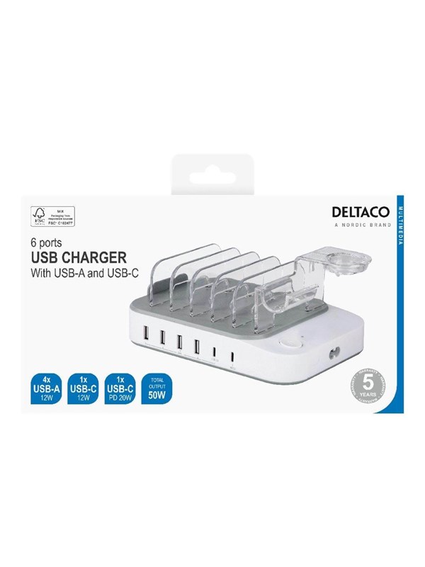 Deltaco DPS-0203 laadstation - 4 x USB 2 x USB-C - 50 Watt