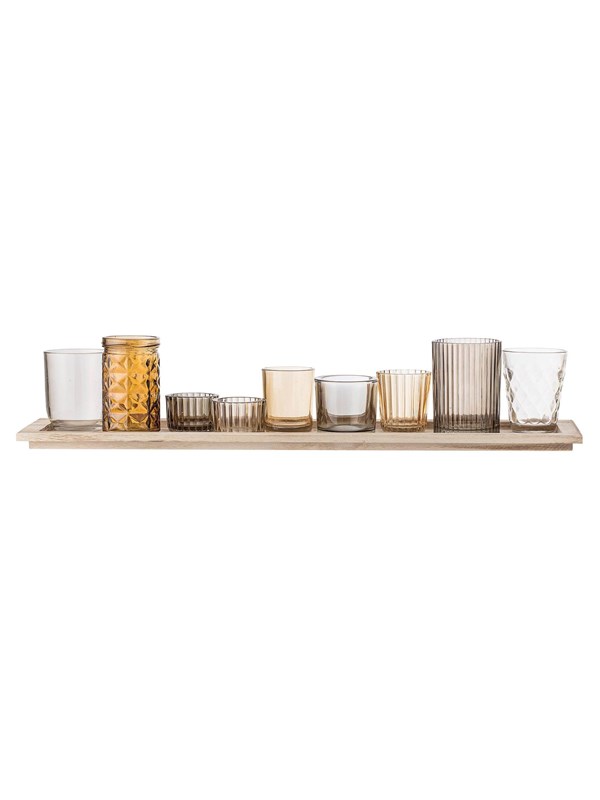 Bloomingville - Waxinelichtjes - Glas/Hout - Bruin - set van 10 - L56xH10xB14 cm